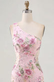Vestido rosa de lentejuelas bodycon de un solo hombro floral para Homecoming