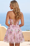 Corsé rosa Sweetheart Línea A con lentejuelas y vestido floral de bienvenida