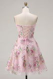 Corsé rosa Sweetheart Línea A con lentejuelas y vestido floral de bienvenida