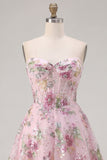 Corsé rosa Sweetheart Línea A con lentejuelas y vestido floral de bienvenida