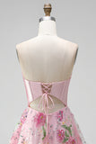 Corsé translúcido rosa A-line Sweetheart Transparente con lentejuelas Vestido floral de bienvenida