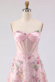 Corsé translúcido rosa A-line Sweetheart Transparente con lentejuelas Vestido floral de bienvenida