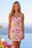 Vestido de bienvenida a casa con tirantes finos rosa brillantes y lentejuelas florales