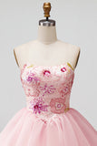 Vestido de bienvenida rosa de lentejuelas florales sin tirantes A-Line