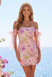 Vestido de bienvenida rosa bodycon con lentejuelas rosas, con lentejuelas descubiertos y lazo