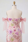 Vestido de bienvenida rosa bodycon con lentejuelas rosas, con lentejuelas descubiertos y lazo