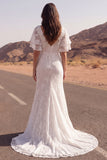Vestido de novia bohemio de manga corta sirena de marfil de encaje