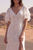 Vestido de novia bohemio de manga corta sirena de marfil de encaje
