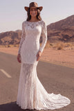 Vestido de novia bohemio de manga larga sirena de manga larga y marfil de encaje