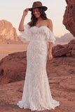 Vestido de novia sirena bohemio de encaje marfil descubierto