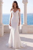 Vestido de novia de cuerno de encaje sirena de hombro frío