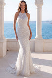 Vestido de novia de sirena arrugado de marfil con lentejuelas