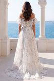 Vestido de novia con volantes en línea marfil marfil descubierto