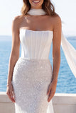 Vestido de novia Corsé Sirena sin tirantes de lentejuelas de marfil con bufanda