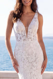 Vestido de novia Bohemio con cola de encaje en V y escote en V de marfil sirena