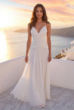 Vestido de novia de playa de vara con escote en V y escote en V con perlas