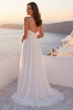 Vestido de novia de playa de vara con escote en V y escote en V con perlas
