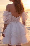 Vestido de novia corsé marfil brillante con borrotes y volantes de línea A