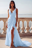 Vestido de novia de sirena con escote en V y volantes en marfil