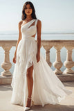 Vestido de novia de gasa con volantes recortados en marfil de un hombro
