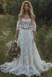 Corsé Marfil de encaje del hombro bohemio vestido de novia