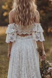 Vestido de novia bohemio de dos piezas con volantes de encaje descubierto en marfil