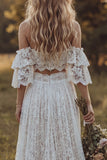 Vestido de novia bohemio de dos piezas con volantes de encaje descubierto en marfil