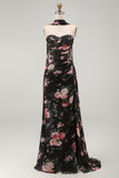 Vestido formal largo de chiffon floral con abertura de Sirena Negra