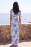 Vestido largo de sirena flor azul con hombros descubiertos y abertura