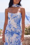 Vestido largo de gasa sin tirantes de flor azul A-Line con bufanda al cuello