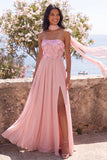 Vestido maxi floral rosa sin tirantes A-Line con abertura