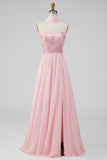 Vestido maxi floral rosa sin tirantes A-Line con abertura
