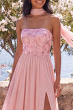 Vestido maxi floral rosa sin tirantes A-Line con abertura