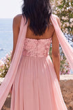 Vestido maxi floral rosa sin tirantes A-Line con abertura