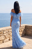 Vestido largo floral azul sirena con volantes y volantes azul sirena