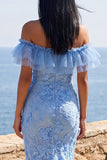 Vestido largo floral azul sirena con volantes y volantes azul sirena