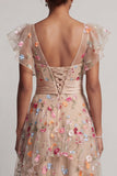 Corsé de tul A-Line Champagne bordado con flores altas y bajas Vestido de madre de la novia