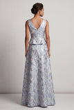 Vestido de madre de la novia azul polvoriento de línea A con escote en V y largo jacquard floral