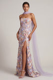 Vestido largo de sirena floral lila claro sin tirantes y abertura