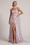 Vestido largo de sirena floral lila claro sin tirantes y abertura