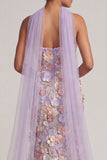 Vestido largo de sirena floral lila claro sin tirantes y abertura