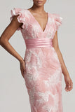 Vestido largo de madre de la novia, con cuello en pico, con cuello en pico y brillante y volantes