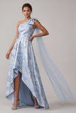 Azul celeste floral Línea A High Low Vestido de Madre de la Novia con lazo