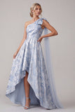 Azul celeste floral Línea A High Low Vestido de Madre de la Novia con lazo