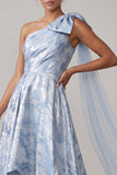 Azul celeste floral Línea A High Low Vestido de Madre de la Novia con lazo