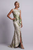 Vestido largo de Madre de la Novia con faja verde claro floral de sirena