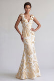 Vestido largo de sirena floral de champán brillante con lazos