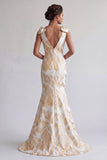 Vestido largo de sirena floral de champán brillante con lazos