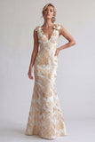Vestido largo de sirena floral de champán brillante con lazos