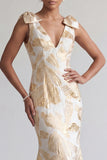 Vestido largo de sirena floral de champán brillante con lazos